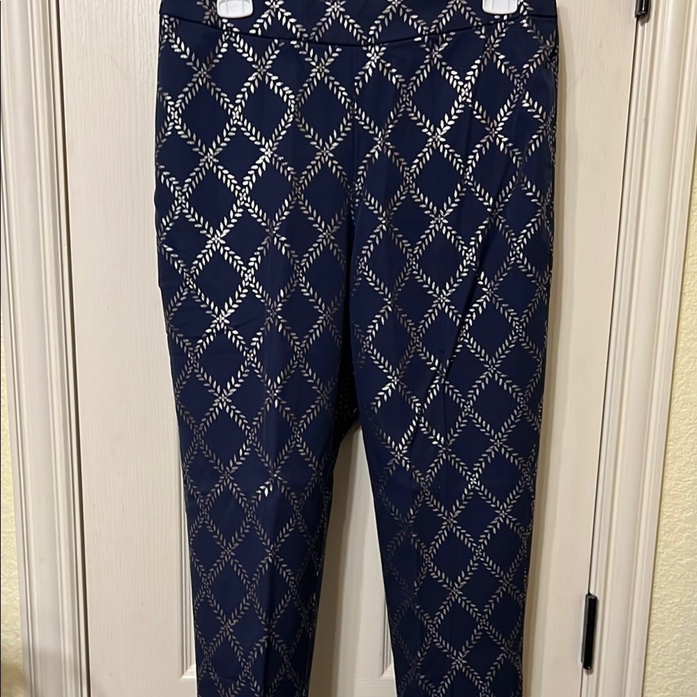 Isaac Mizrahi Navy Blue Straight Leg Pants with Silver Diamond Lattice